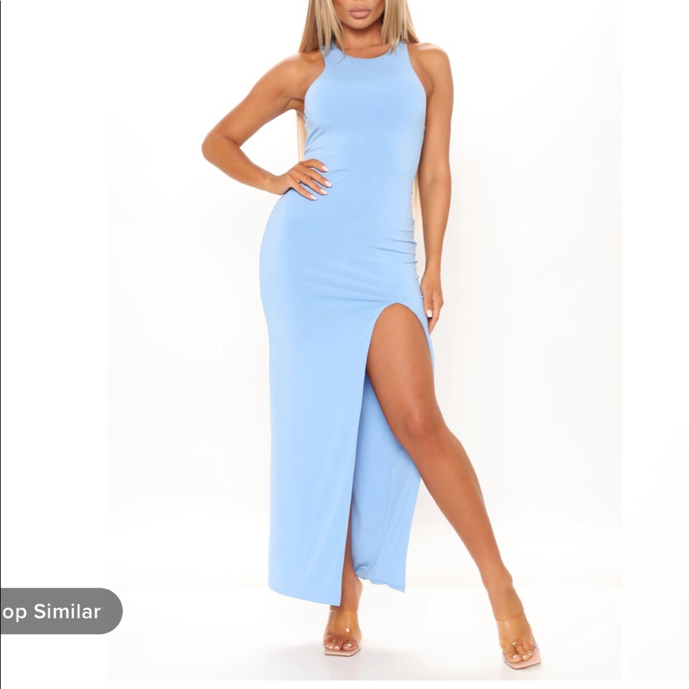 **Never Worn Before** Light Blue Double Lined Maxi Dress with side slit